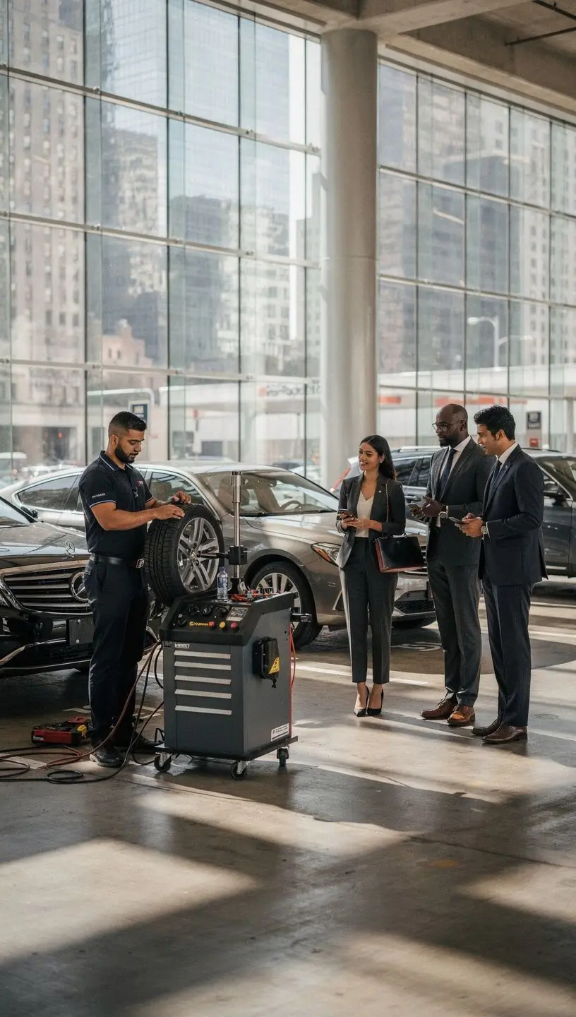 Professional explaining tire maintenance tips to a customer next to a mobile tire service truck in New York.