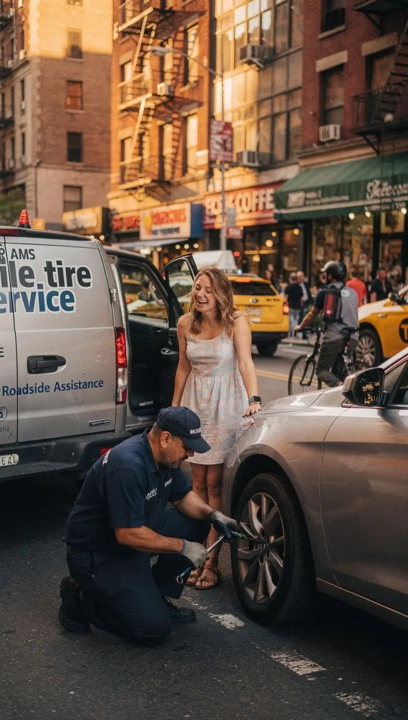 Mobile tire service van parked on a busy New York urban road, ready for on-location tire replacement.